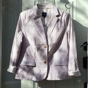NWT! Striped cotton lightweight blazer, lined, pockets, gray taupe/white, sz 10